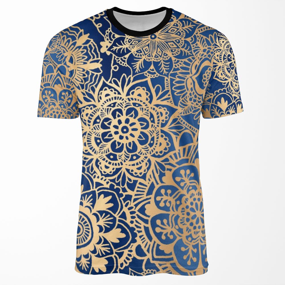 Blue And Gold Mandala Pattern All-over-print T-shirt