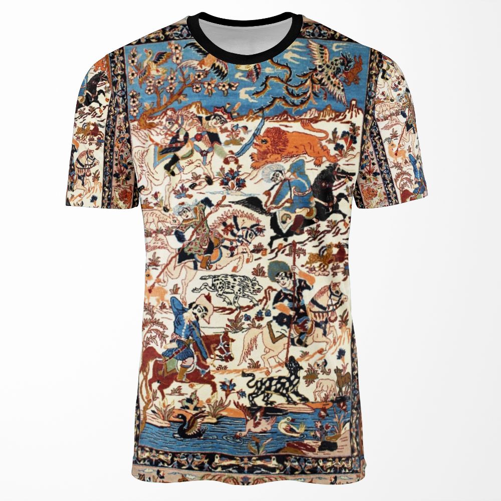 Blue Antique Persian Isfahan Silk Rug With Flowers Animals Print All-over-print T-shirt