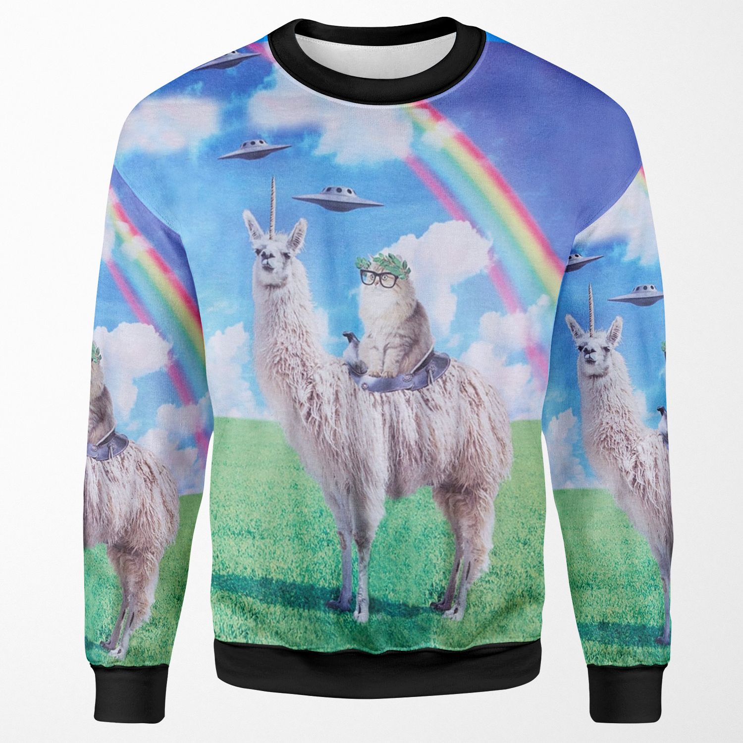 Cat Riding Llama Unicorn Rainbow Ufo All-over-print Unisex Sweatshirt