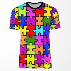 Colorful Rainbow Jigsaw Puzzle Pattern Autism Awareness All-over-print T-shirt