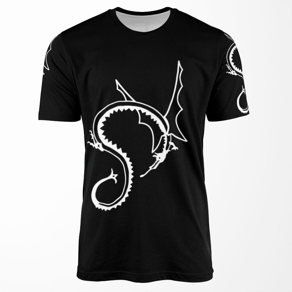 Curled Dragon White On Black All-over-print T-shirt