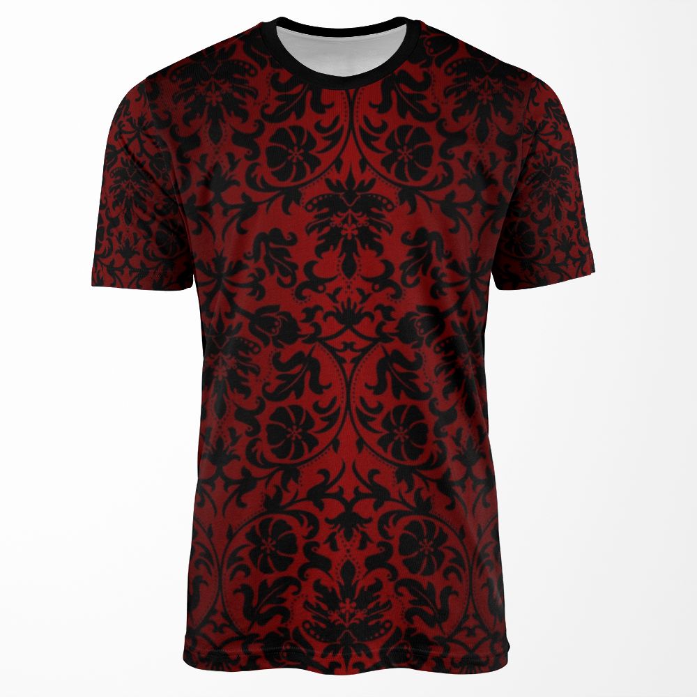 Dark Red And Black Damask Pattern All-over-print T-shirt