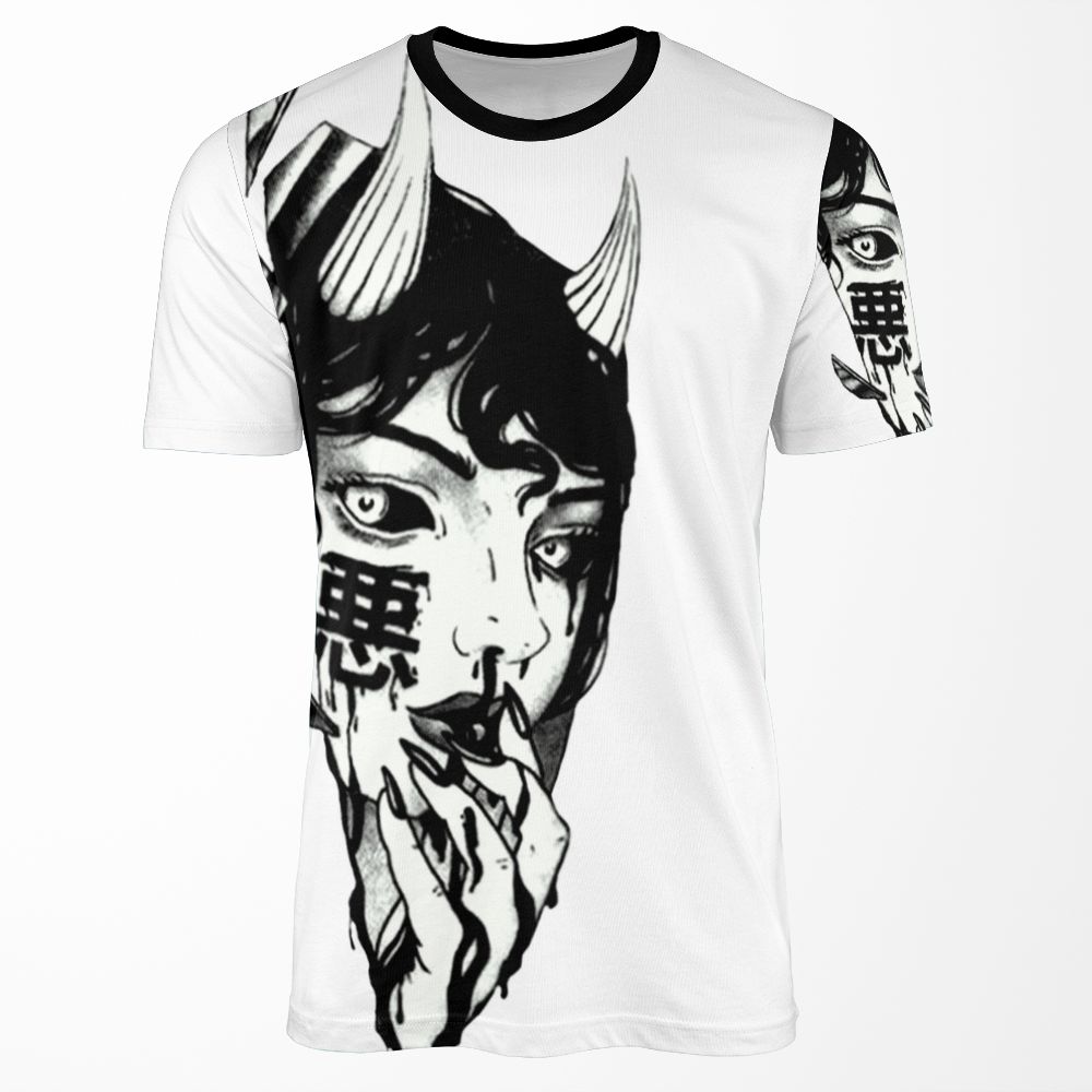 Evil Girl Japanese Cyberpunk Black And White All-over-print T-shirt