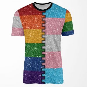Faux Glitter Lgbtq Rainbow And Transgender Pride Merge Flag Background All-over-print T-shirt