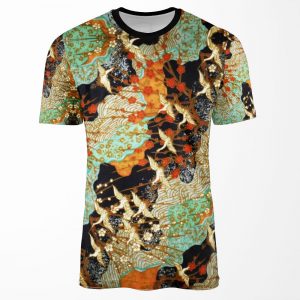 Flying Cranes And Spring Flowers Antique Japanese Floral All-over-print T-shirt