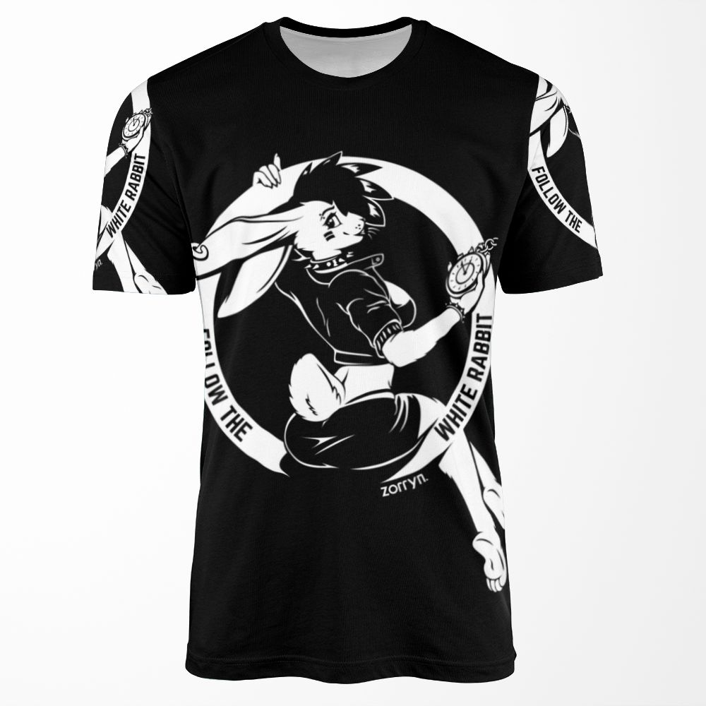 Follow The White Rabbit White On Black Base All-over-print T-shirt