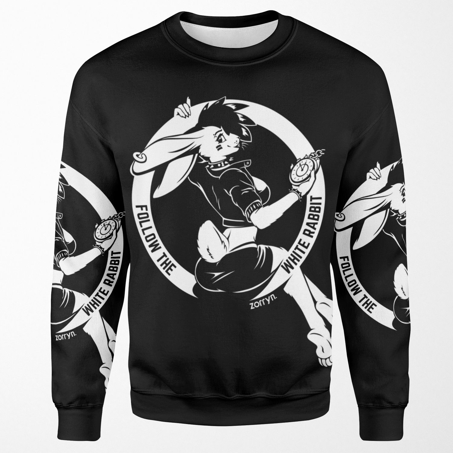 Follow The White Rabbit White On Black Base All-over-print Unisex Sweatshirt