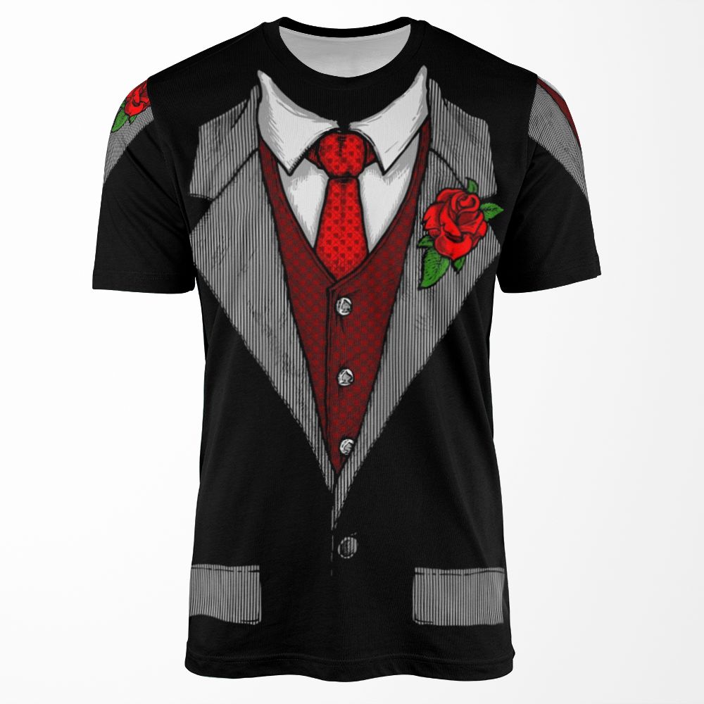 Funny Tuxedo Costume With Rose And Red Tie Halloween Gift All-over-print T-shirt