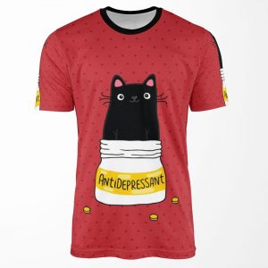 Fur Antidepressant Cute Black Cat Illustration A Gift For A Pet Lover All-over-print T-shirt