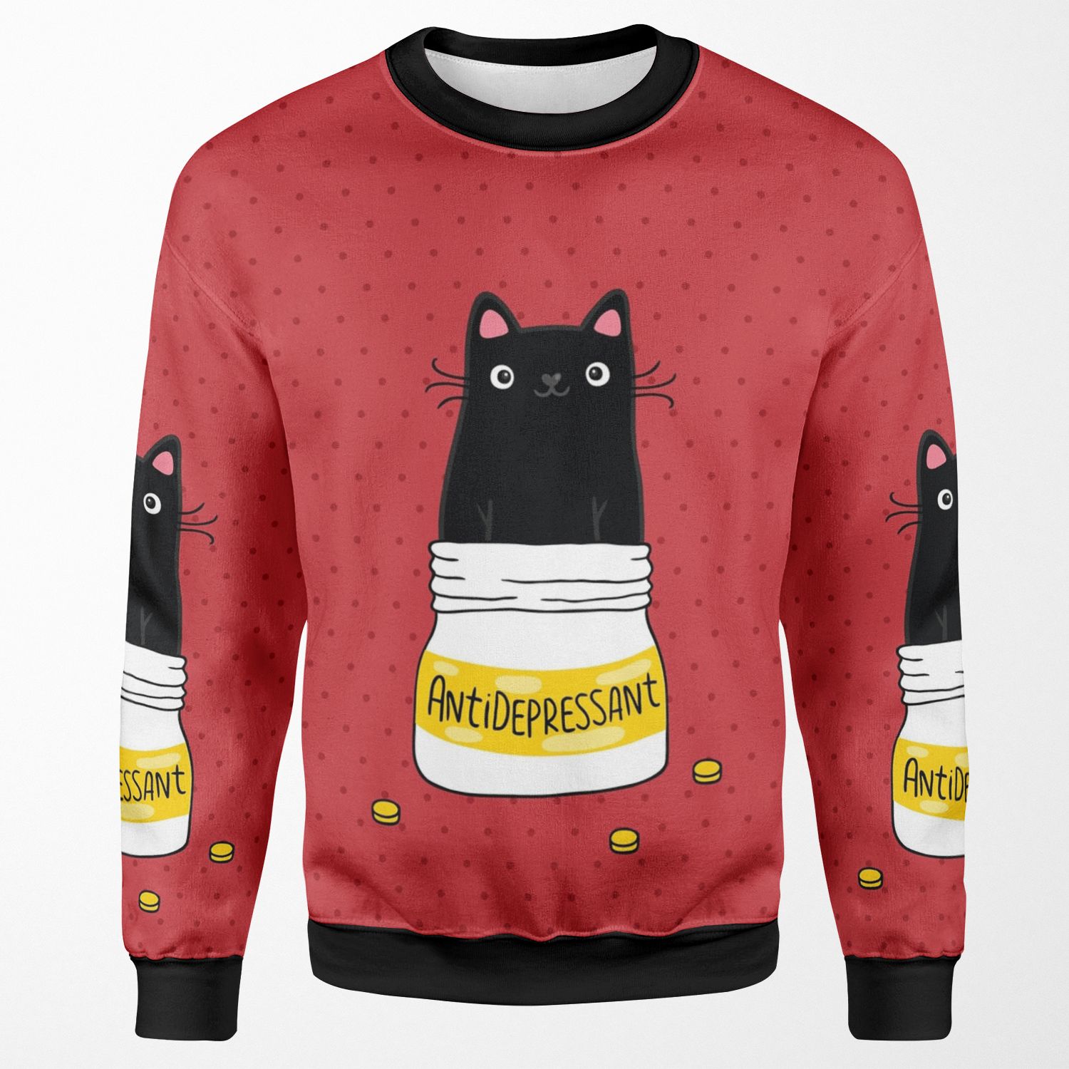 Fur Antidepressant Cute Black Cat Illustration A Gift For A Pet Lover All-over-print Unisex Sweatshirt