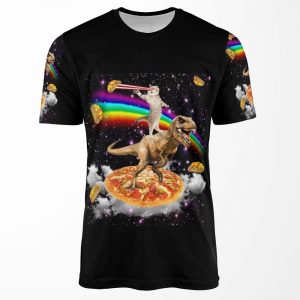 Galaxy Laser Eye Cat On Dinosaur On Pizza With Tacos And Rainbow All-over-print T-shirt