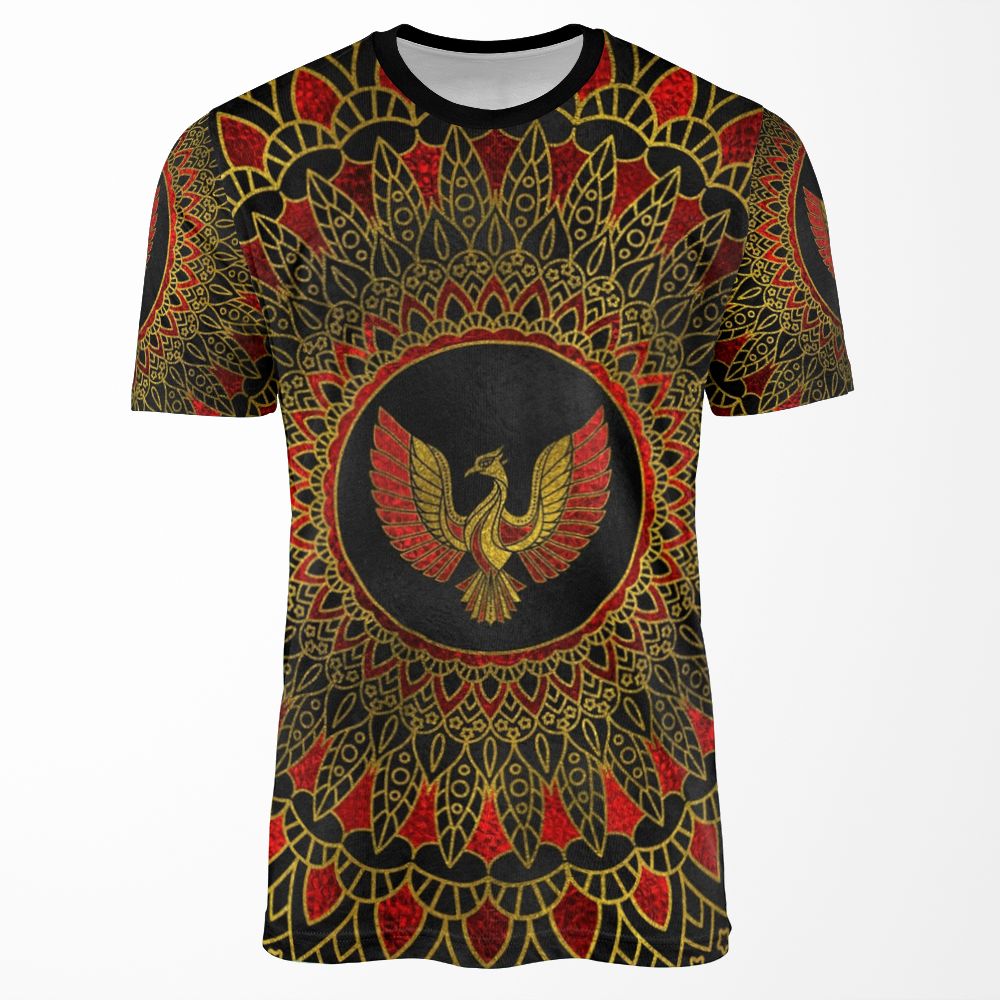 Gold And Red Decorated Phoenix Bird Symbol All-over-print T-shirt