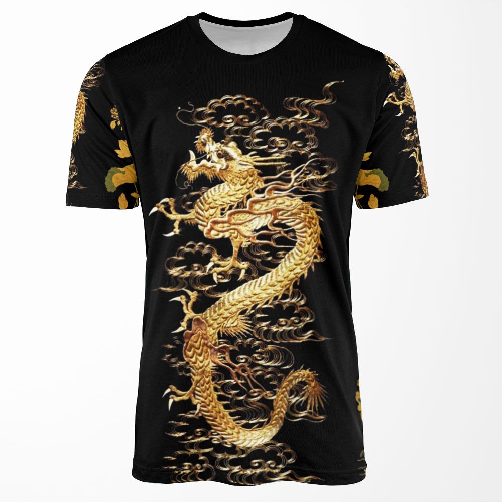 Gold Dragon In Black Egret Lotus Green Gold Floral All-over-print T-shirt