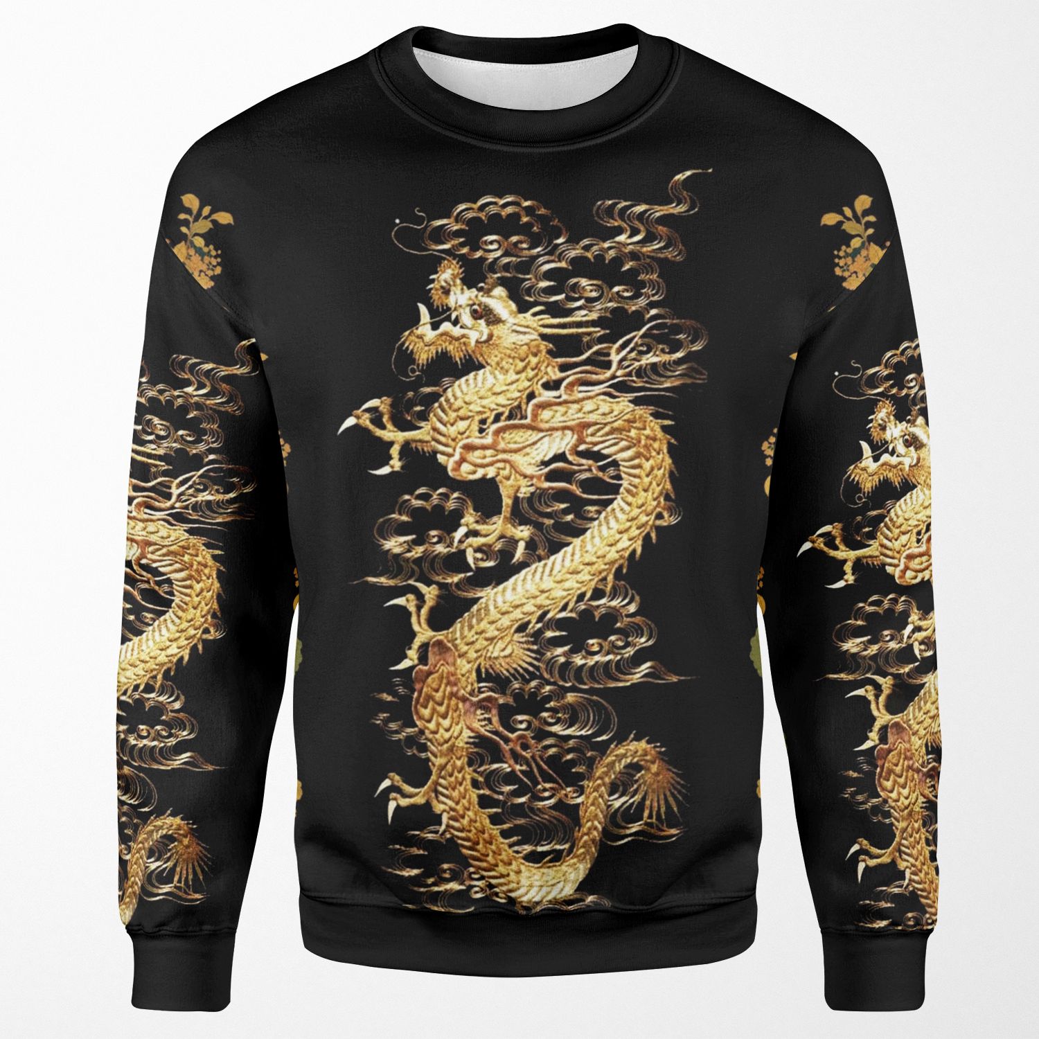 Gold Dragon In Black Egret Lotus Green Gold Floral All-over-print Unisex Sweatshirt