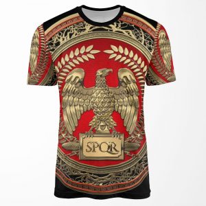 Gold Roman Imperial Eagle Over Black Leather All-over-print T-shirt