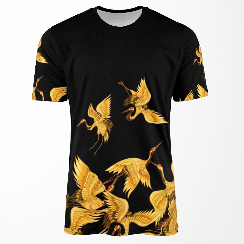 Golden Japanese Cranes Oriental All-over-print T-shirt