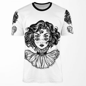 Gothic Witch Girl Head Portrait With Curly Hair And Four Eyes All-over-print T-shirt