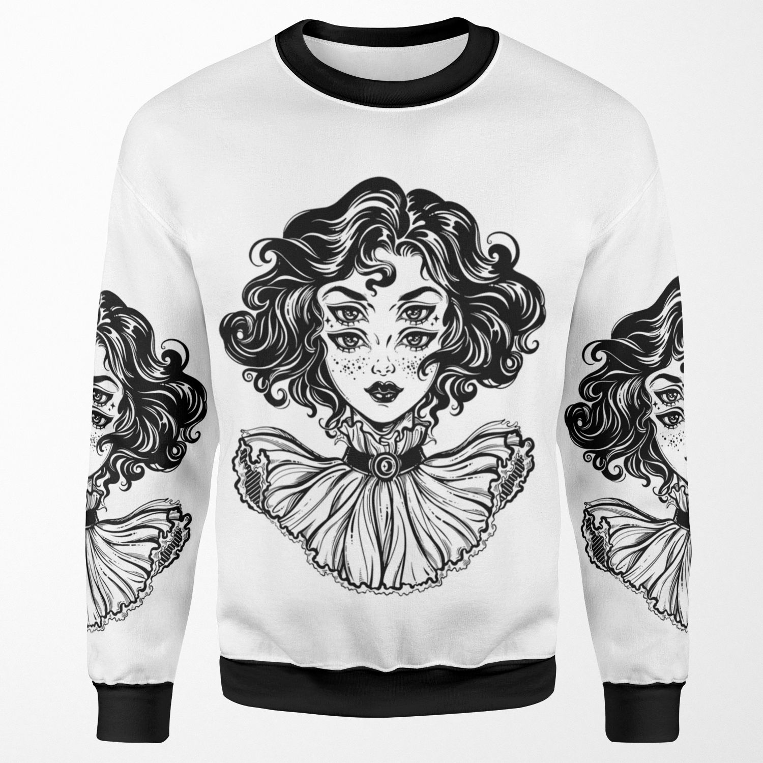 Gothic Witch Girl Head Portrait With Curly Hair And Four Eyes All-over-print Unisex Sweatshirt
