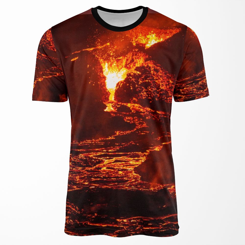 Lava Crater Flow At Night Iceland Volcano April 20Th 2021 All-over-print T-shirt