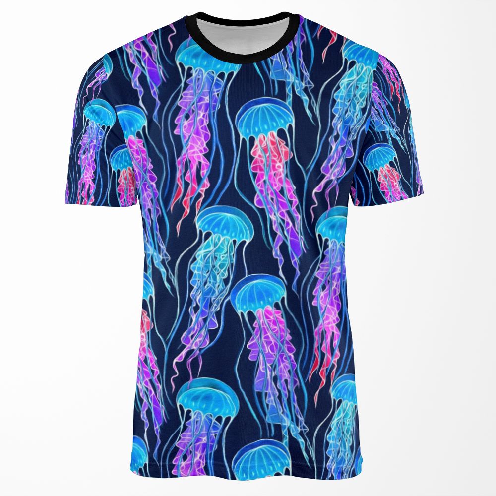 Luminescent Rainbow Jellyfish On Navy Blue All-over-print T-shirt