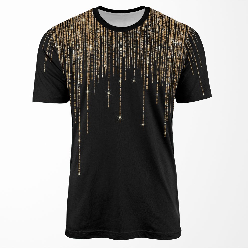 Luxury Chic Black Gold Sparkly Glitter Fringe All-over-print T-shirt