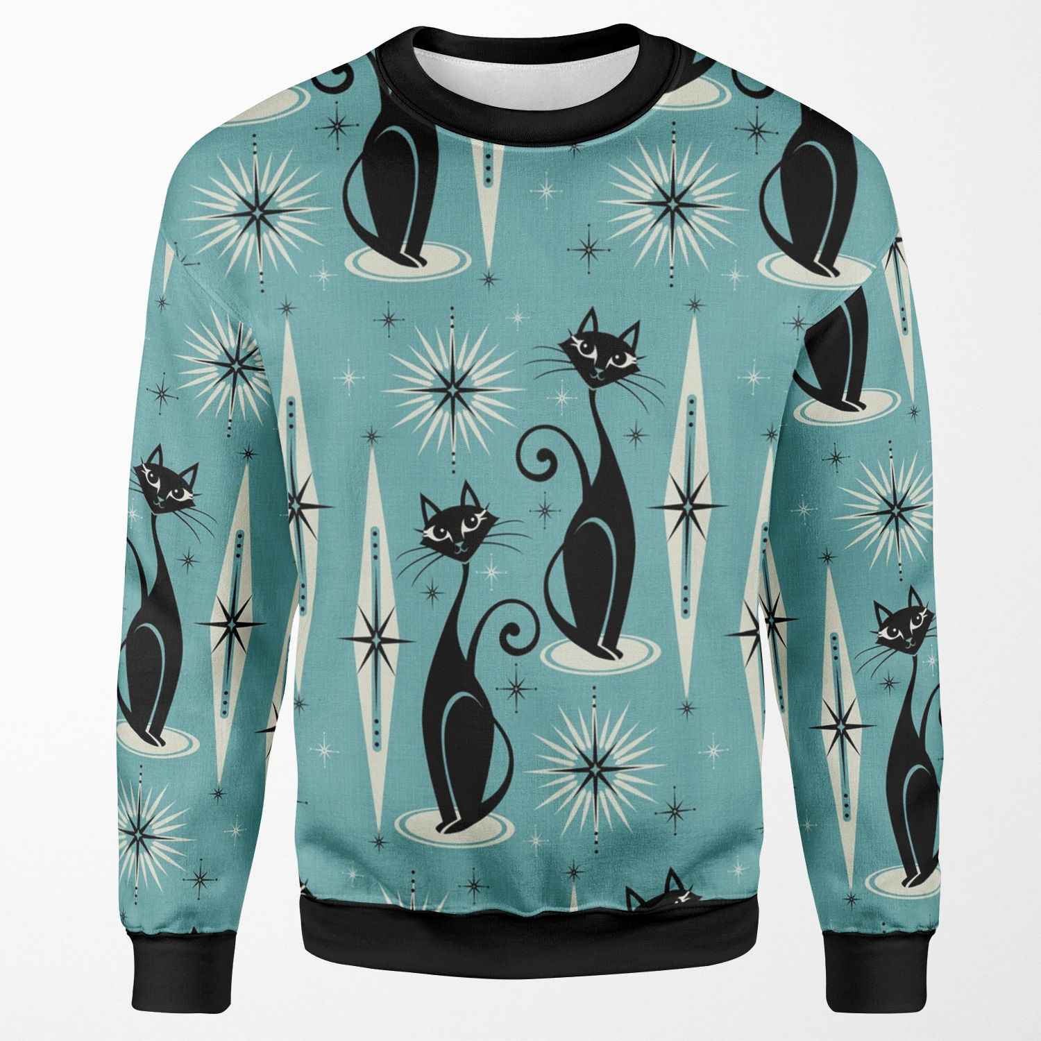 Mid Century Meow On Blue All-over-print Unisex Sweatshirt