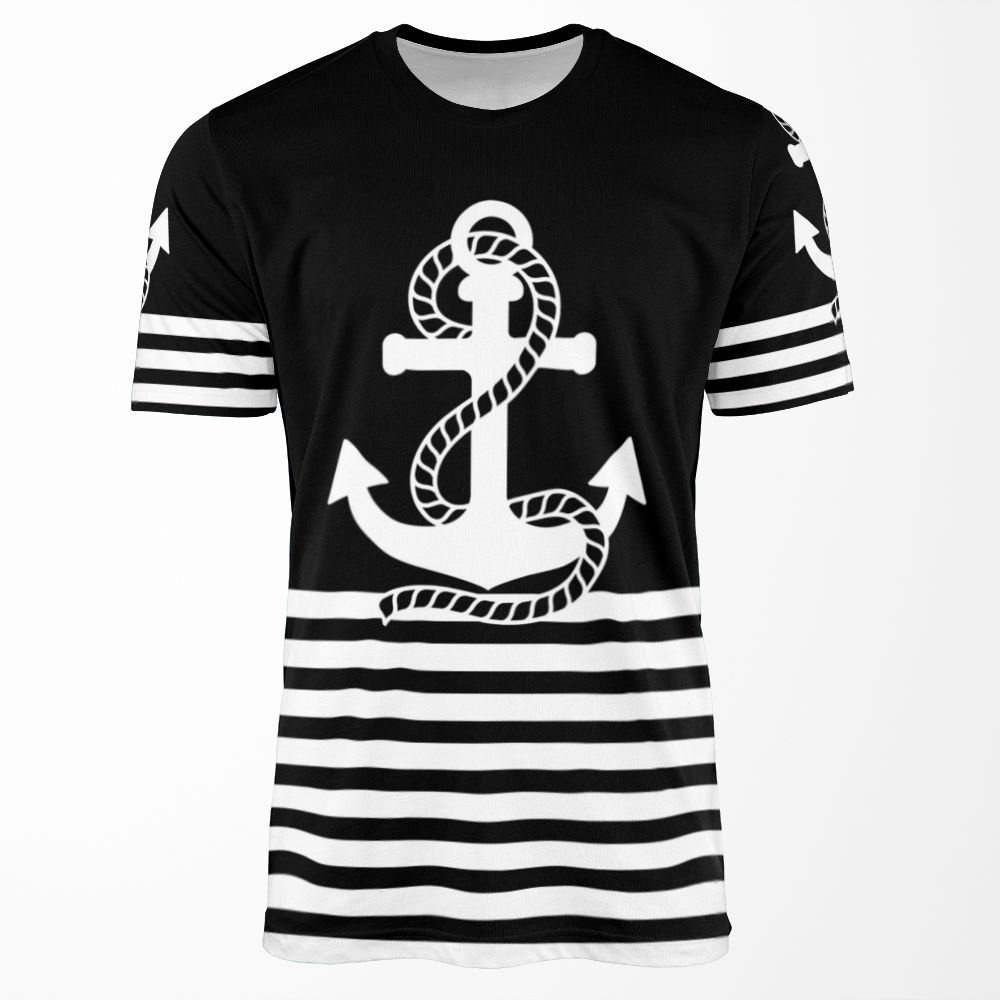 Nautical Black White Stripes And Black White Anchors All-over-print T-shirt