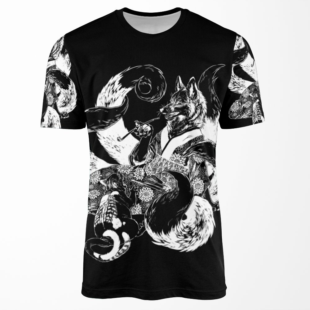 Nekomata Arguing With Kitsune Inverted All-over-print T-shirt