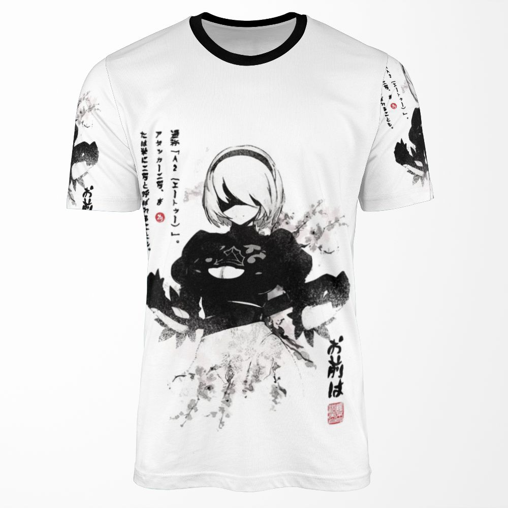 Nier Automata 2B Japan Ink %E3%83%8B%E3%83%Bc%E3%82%A2_%E3%82%Aa%E3%83%Bc%E3%83%88%E3%83%9E%E3%82%Bf All-over-print T-shirt
