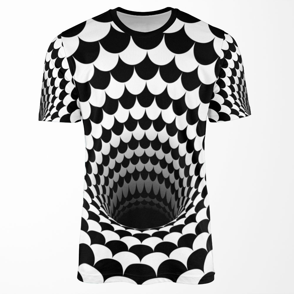 Optical Illusion Black Hole Scales Black White All-over-print T-shirt