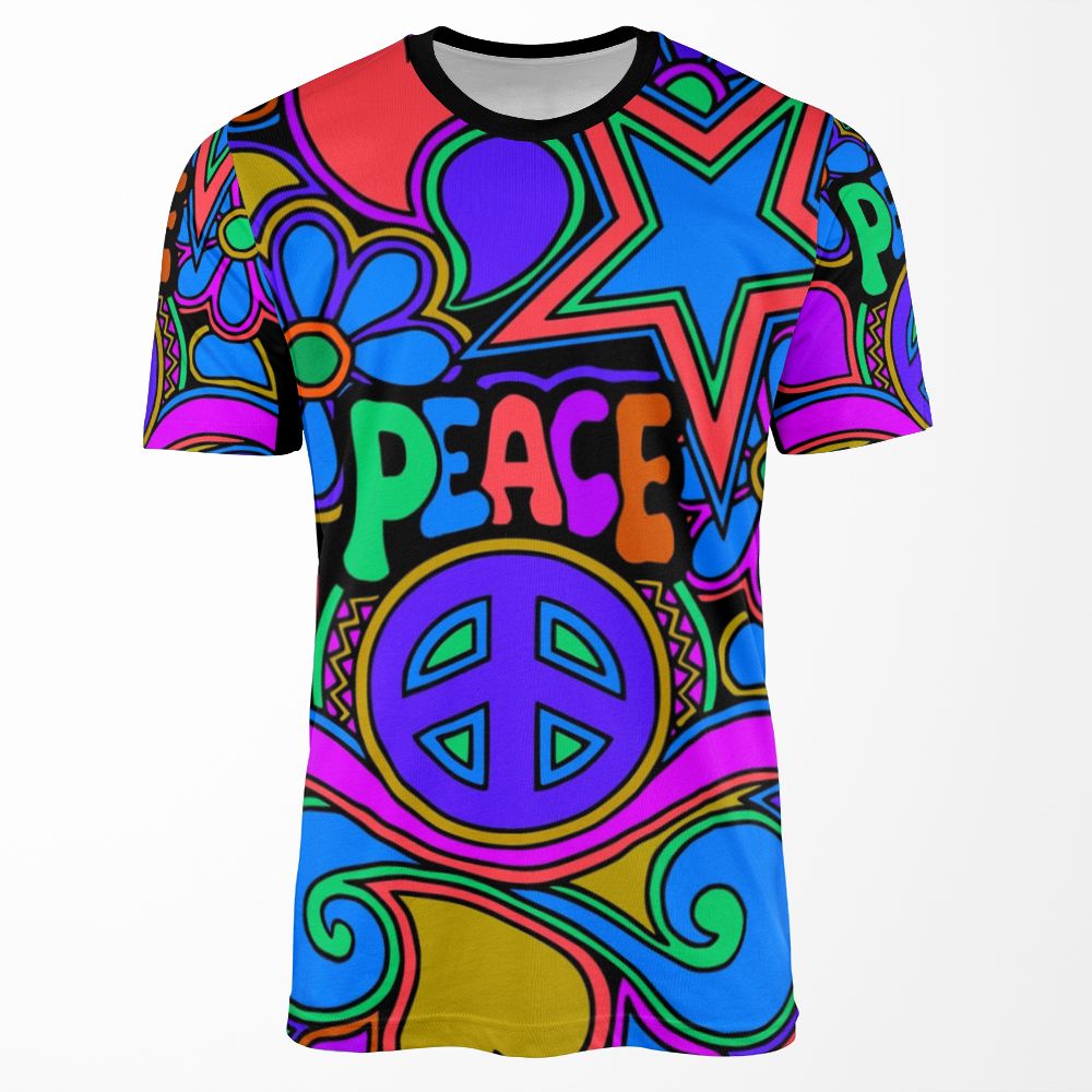 Peace And Love Flowers And Stars Hippie Design All-over-print T-shirt