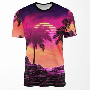 Pink Vaporwave Landscape With Rocks And Palms All-over-print T-shirt