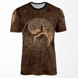 Rough Wood Grain Effect Tree Of Life Yin Yang All-over-print T-shirt