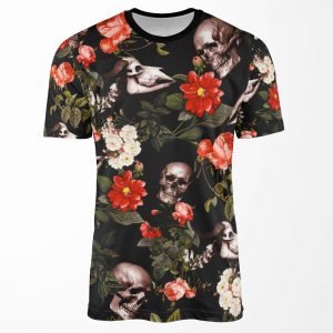 Skull And Floral Pattern All-over-print T-shirt