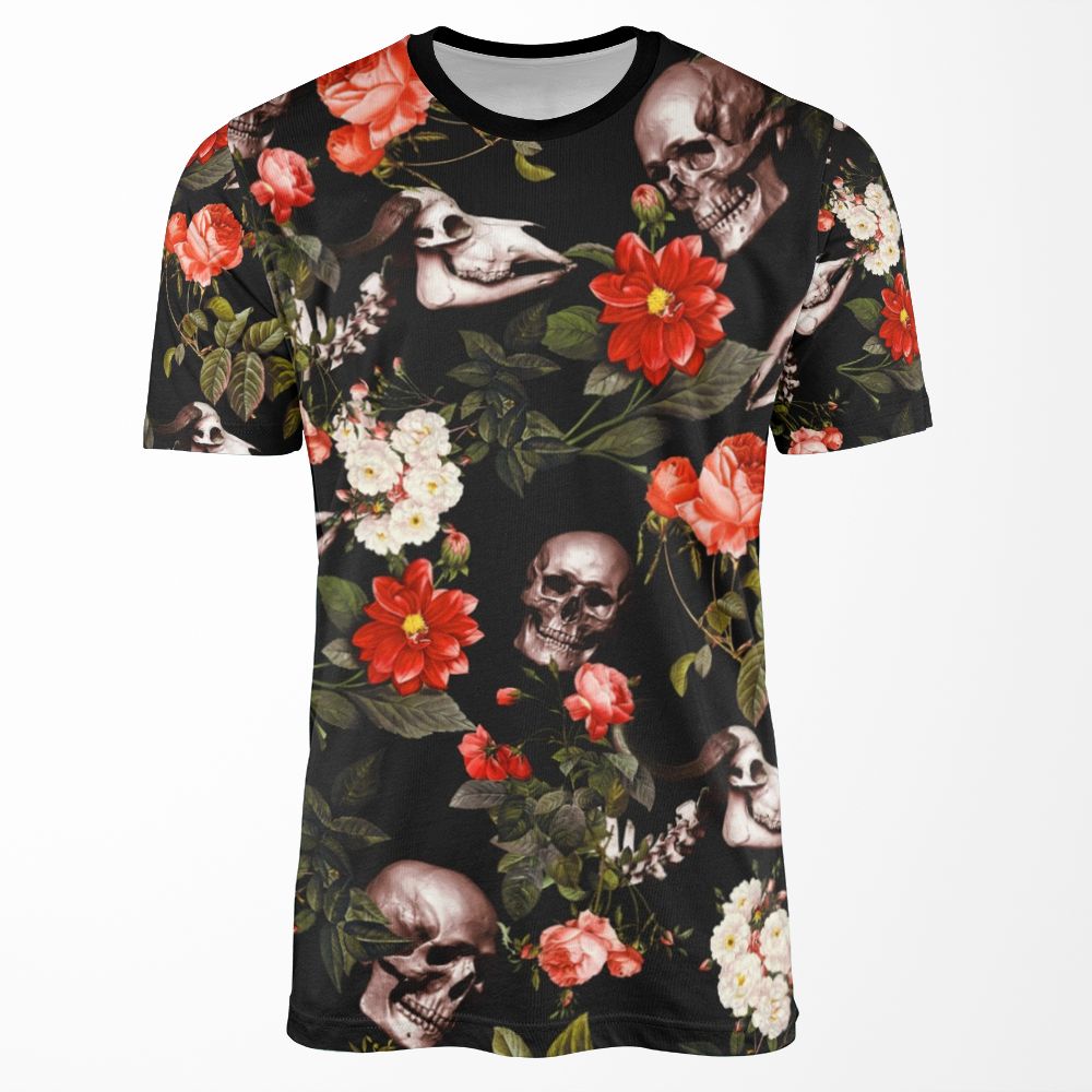 Skull And Floral Pattern All-over-print T-shirt