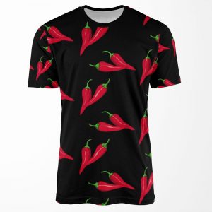 Spicy Red Chilli Pattern Hot Peppers At Black All-over-print T-shirt