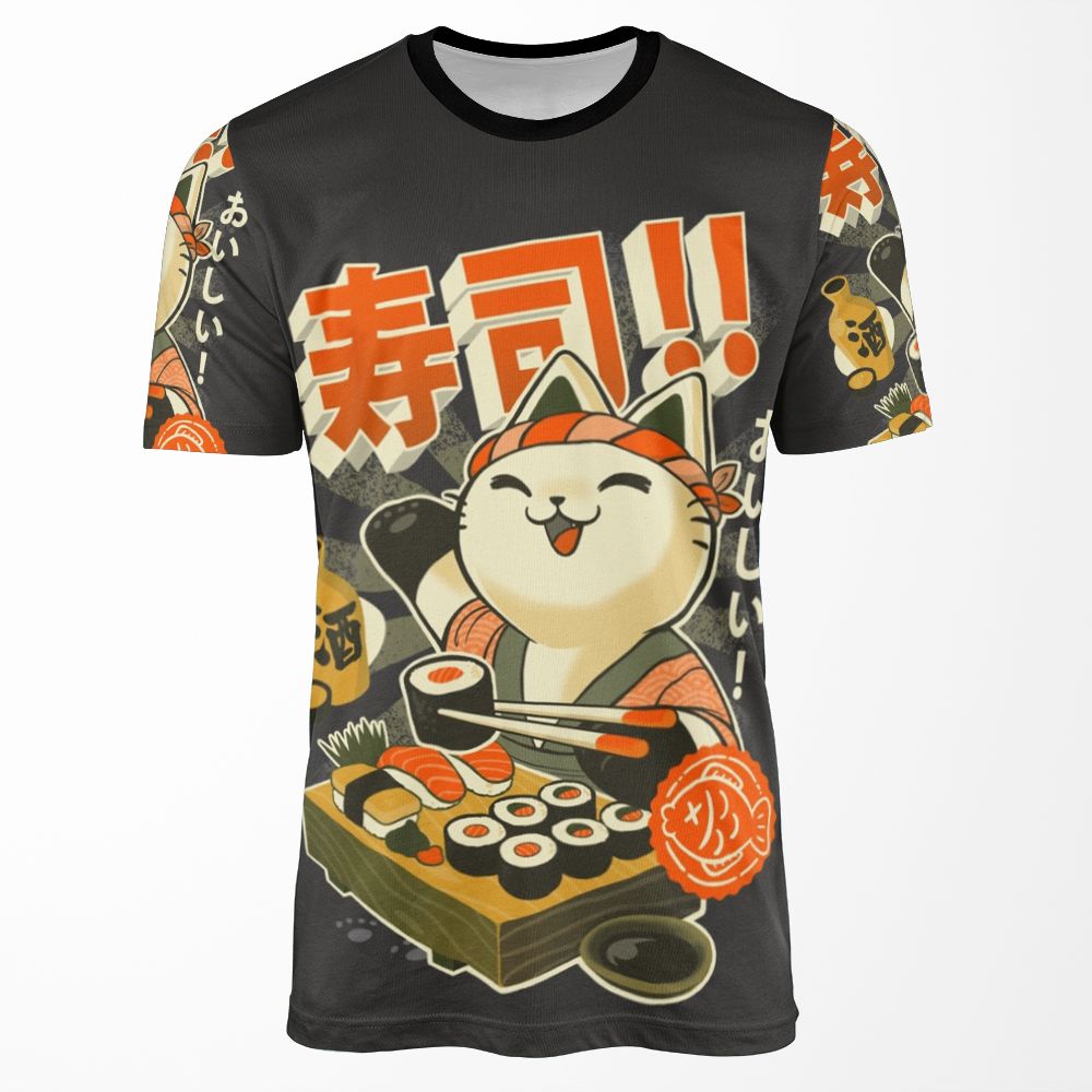 Sushi Chef Cat Funny Restaurant Kitty Japanese Food All-over-print T-shirt