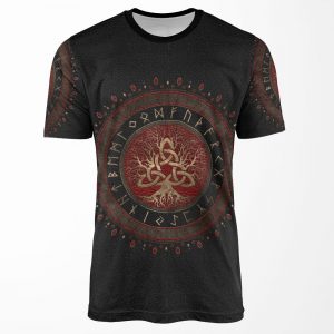 Tree Of Life With Triquetra Black Red Leather And Gold All-over-print T-shirt