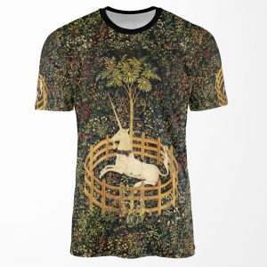 Unicorn And Gothic Fantasy Flowers Green Floral Motifs All-over-print T-shirt