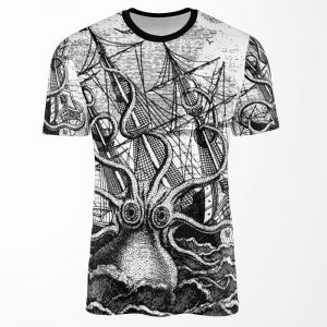 Vintage Kraken Attacking Ship Illustration All-over-print T-shirt