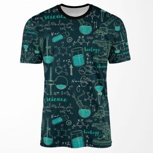 Vintage Seamless Pattern Old Chemistry Laboratory With Microscope Tubes And Formulas All-over-print T-shirt