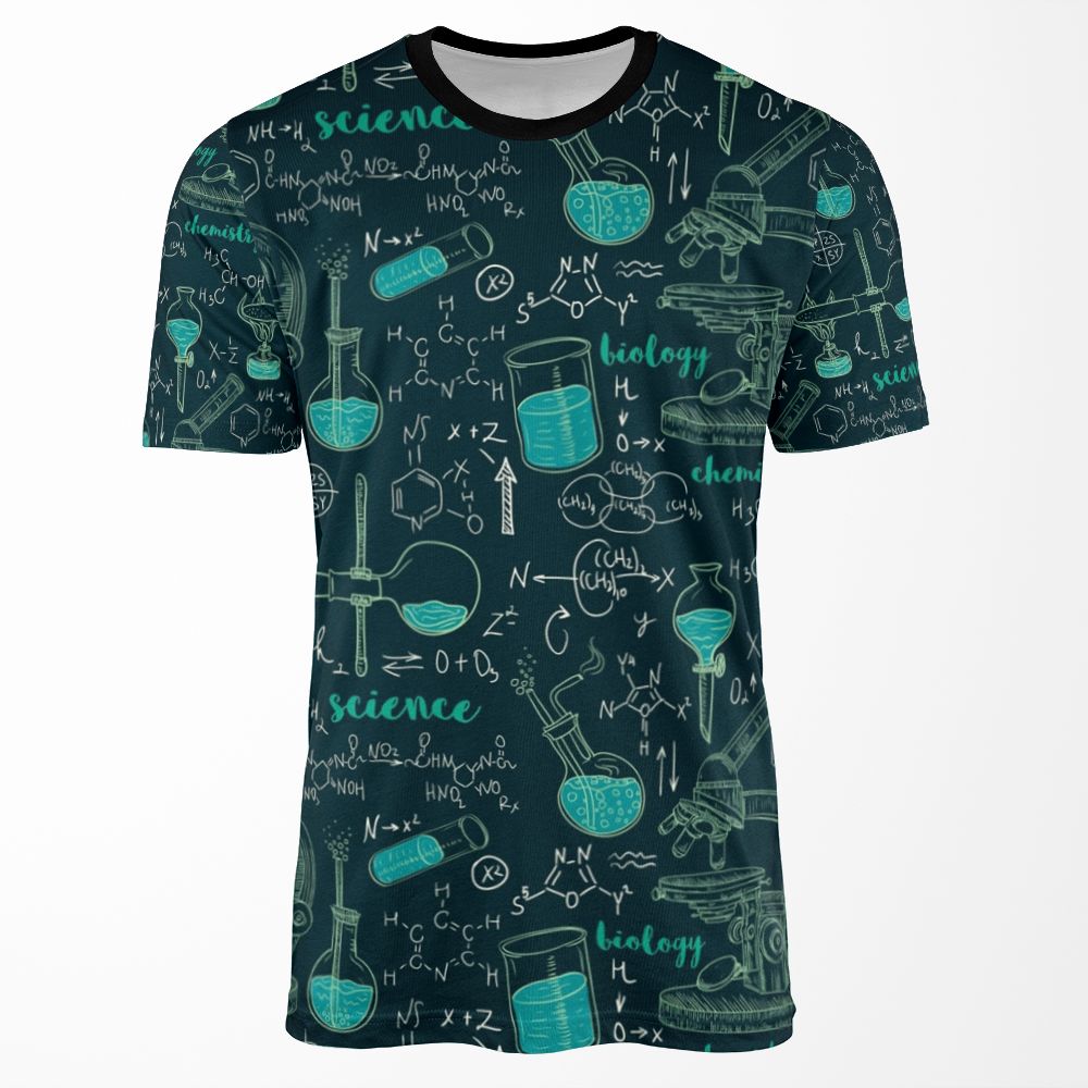 Vintage Seamless Pattern Old Chemistry Laboratory With Microscope Tubes And Formulas All-over-print T-shirt