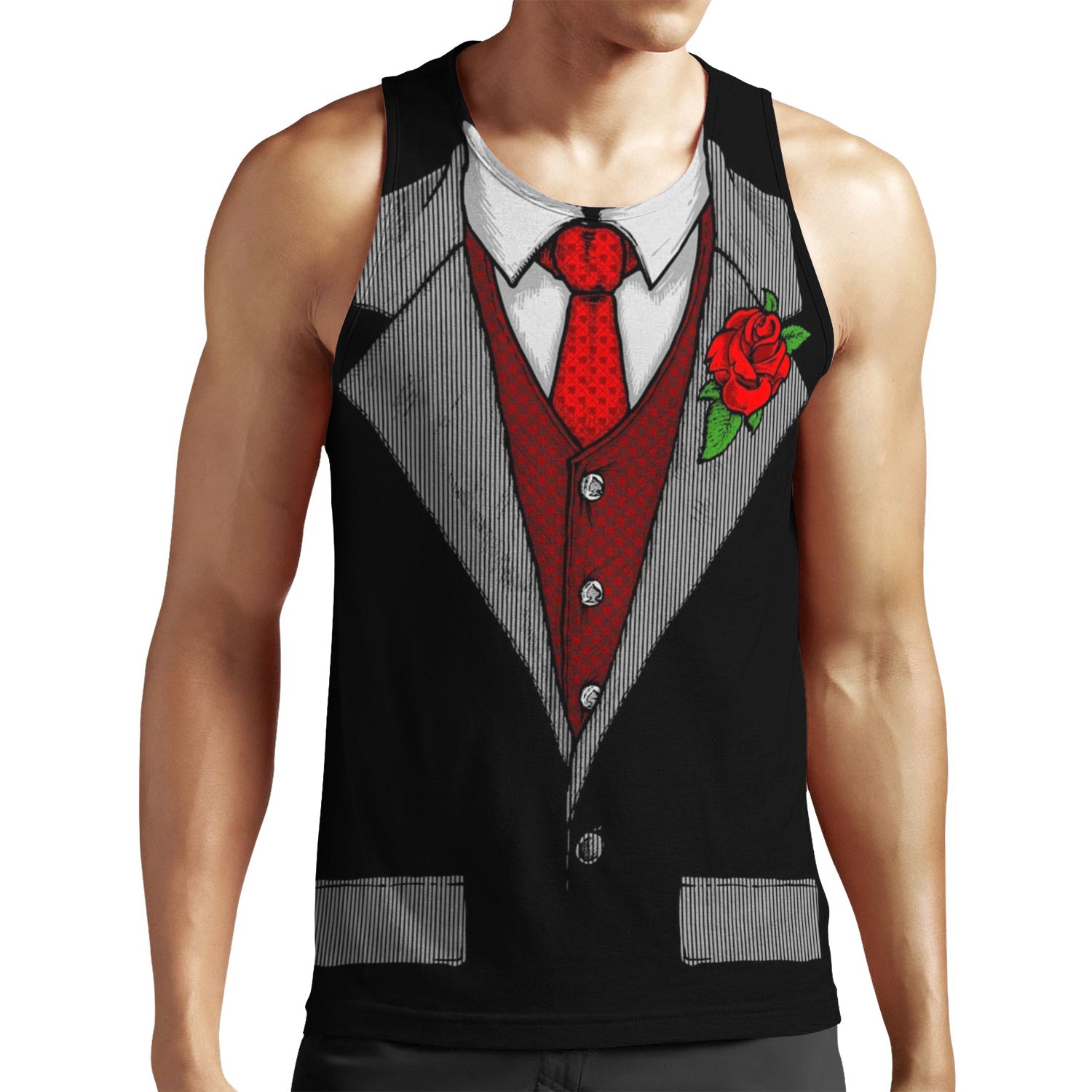Funny Tuxedo Costume With Rose And Red Tie Halloween Gift All-over-print Unisex Tank Top