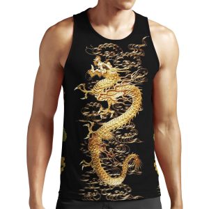 Gold Dragon In Black Egret Lotus Green Gold Floral All-over-print Unisex Tank Top