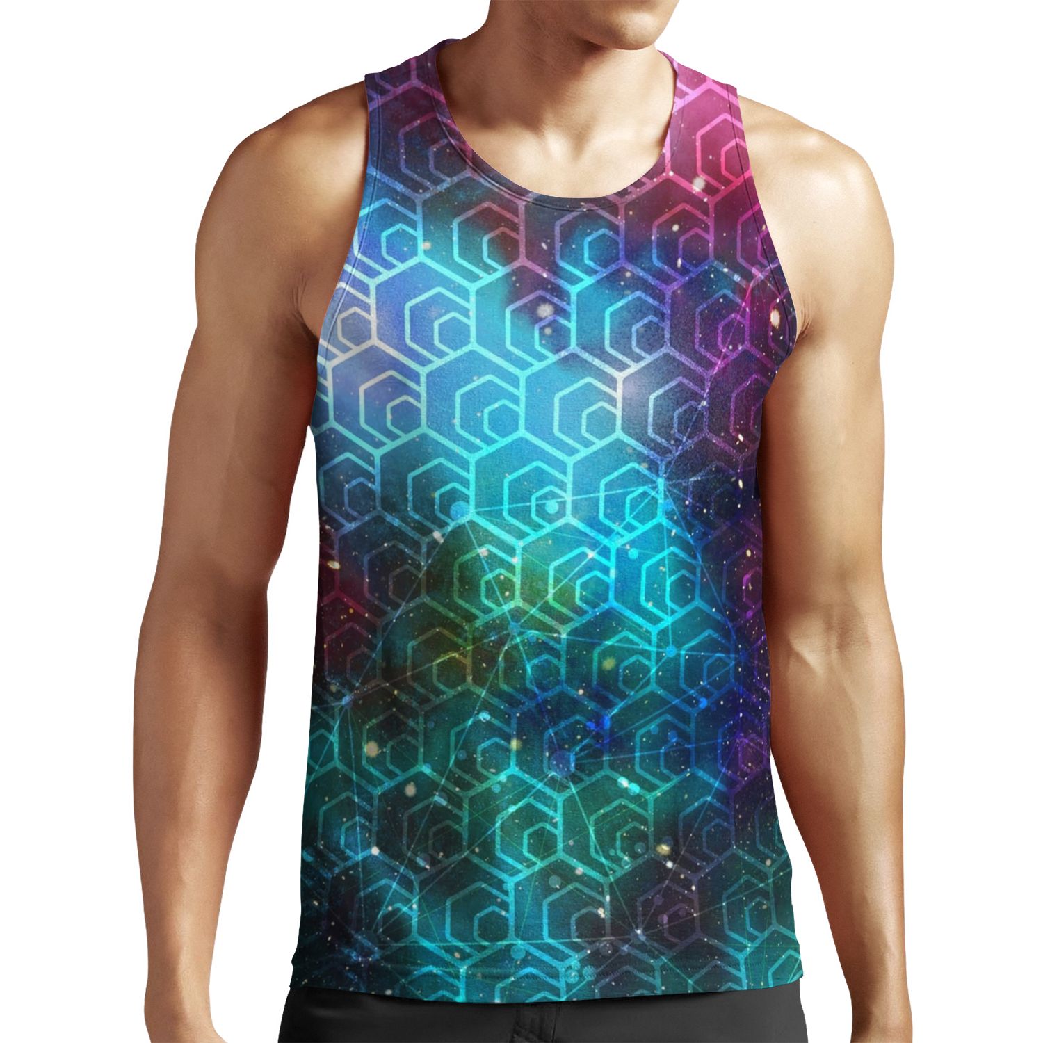 Hex Cryptocurrency Logo Pattern White Transparent On Galaxy Background All-over-print Unisex Tank Top