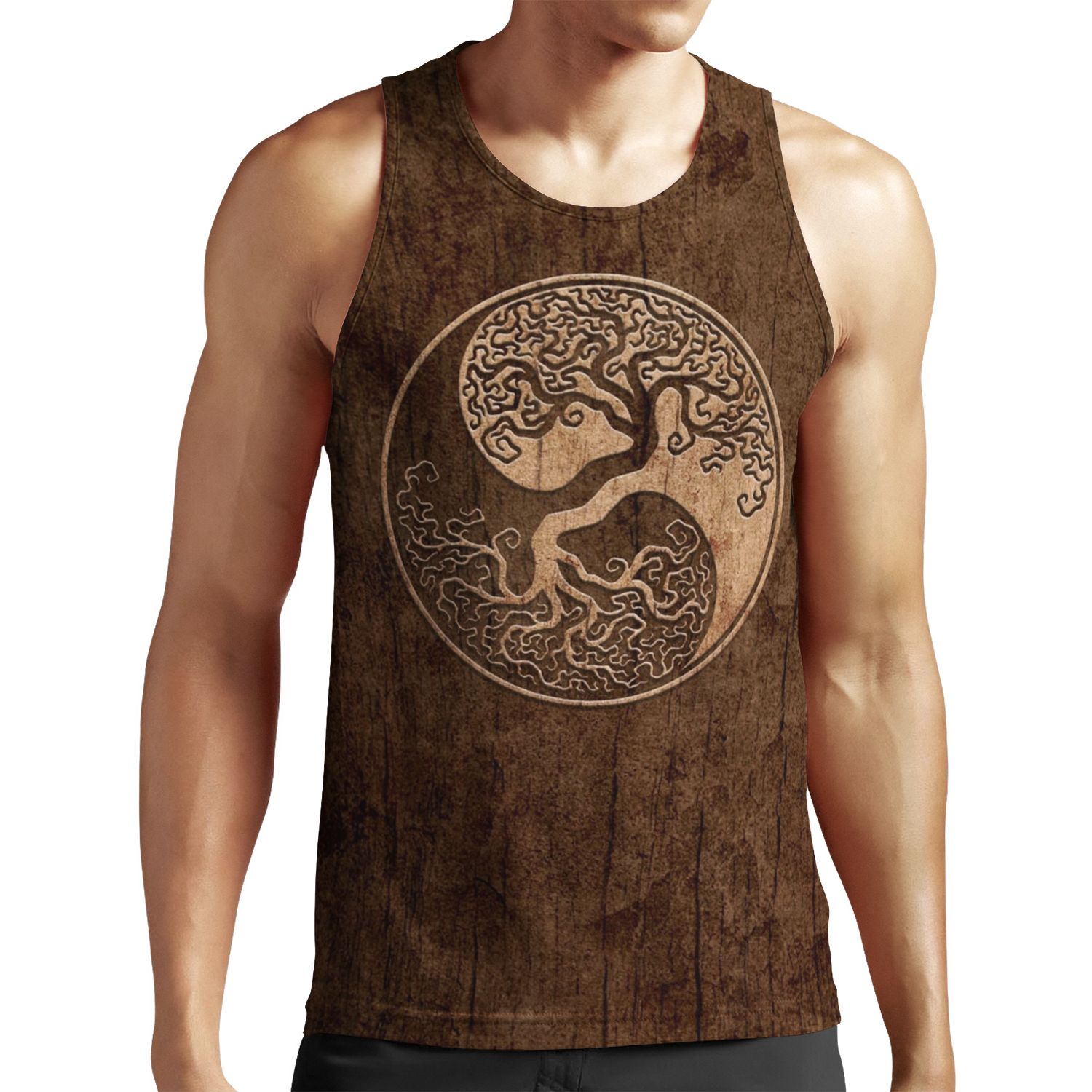 Rough Wood Grain Effect Tree Of Life Yin Yang All-over-print Unisex Tank Top