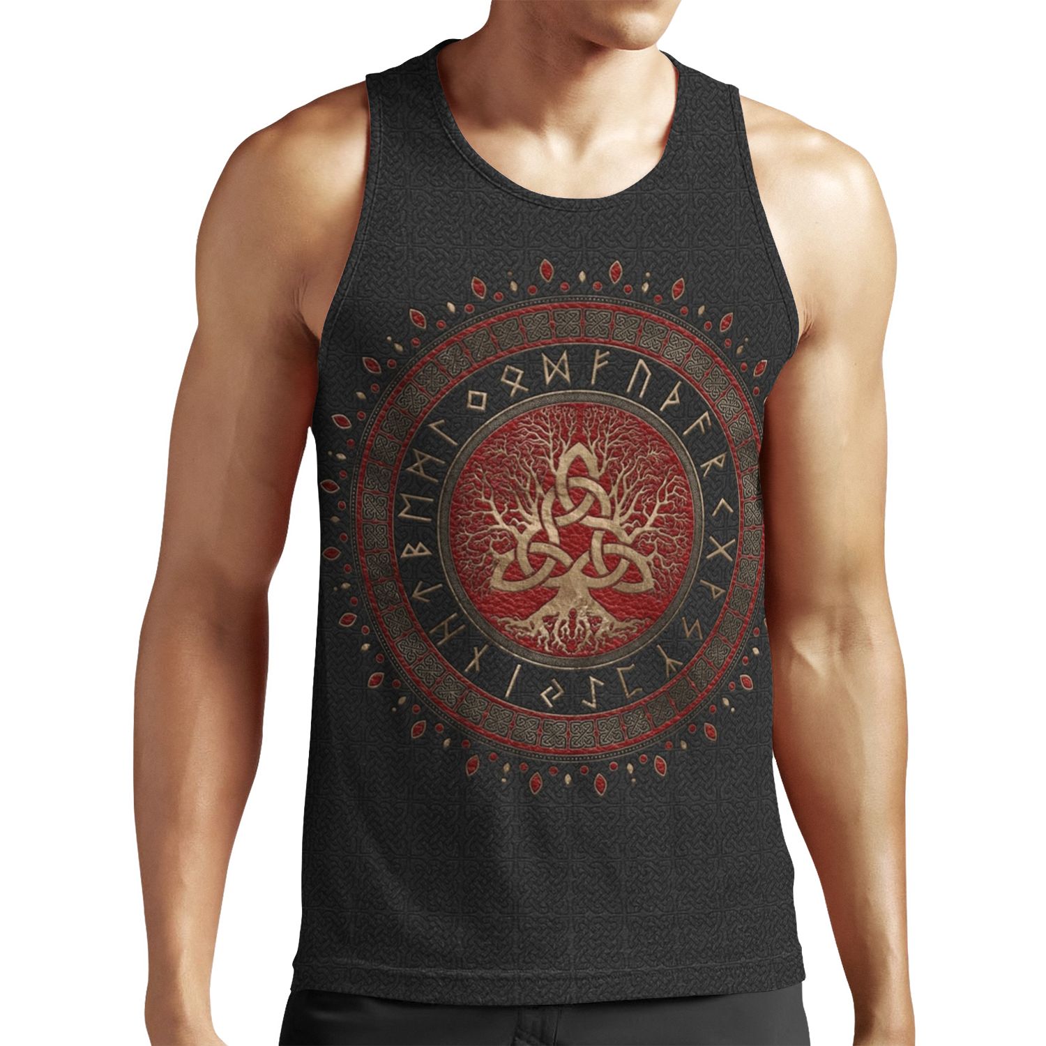 Tree Of Life With Triquetra Black Red Leather And Gold All-over-print Unisex Tank Top