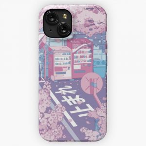 A Beautiful Aesthetic Tokyo Street And The Pink Sakura Tree Blossom Pastel Version iPhone 15 Slim Phone Case Cover