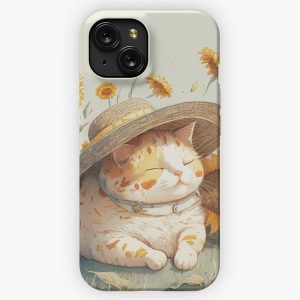 A Sleepy Cat With A Straw Hat In A Sunflowers Field iPhone 15 Slim Phone Case Cover