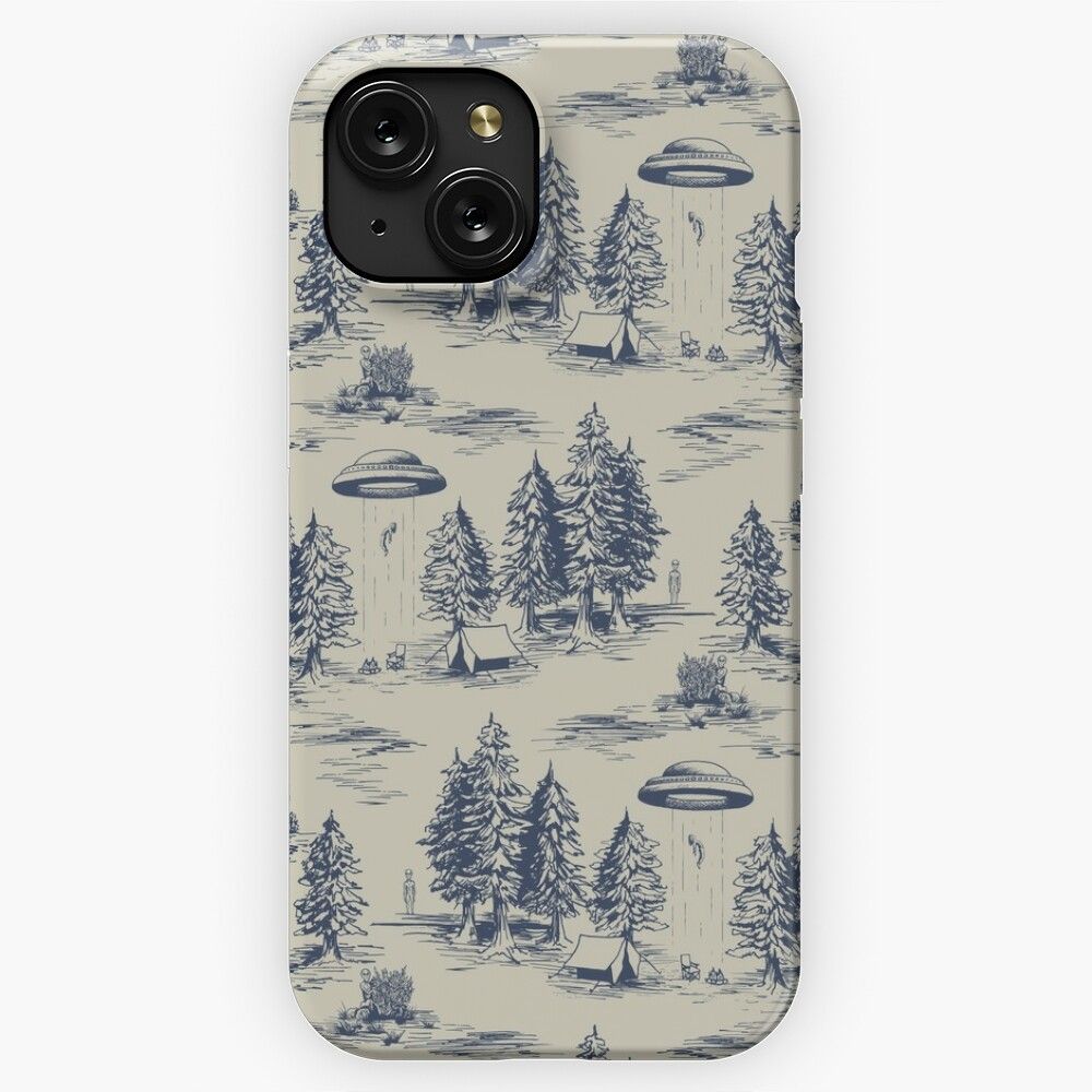 Alien Abduction Toile De Jouy Pattern In Blue iPhone 15 Slim Phone Case Cover